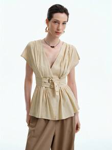 Aalyst 女士优雅时尚通勤休闲舒适迷人复古简约高端无袖 V 领开衫配腰带腰部 A 字下摆亚麻纯色衬衫 - 杏色 - 查看 4