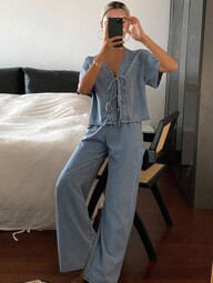 Livesso Women's Summer Short Sleeve Tie Front Top And Loose Fit Denim Pants Set