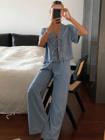 Livesso Conjunto de top con manga corta y amarre al frente, y pantalones vaqueros de corte holgado para mujer