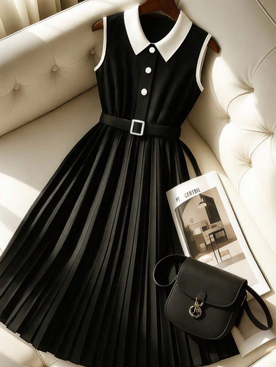 Franclia Váy không tay xếp ly phối màu thanh lịch dành cho nữ, trang phục mùa hè cho trường đại học - màu đen - Xem 1