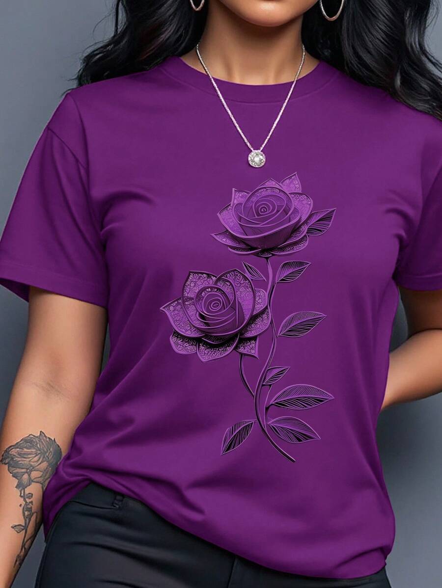 INAWLY Camiseta de manga corta de talla grande con estampado floral casual de verano - Multicolor - Ver 1