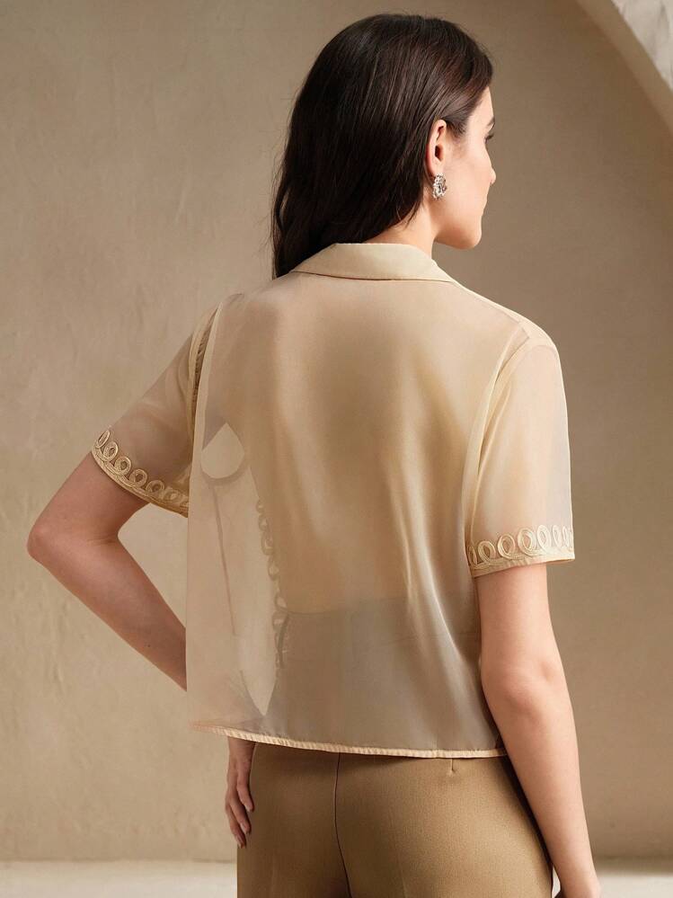 Anewsta 领口裹身优雅性感短袖常规长度休闲衬衫 - 杏色 - 查看 2