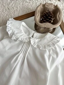 SHEIN Baby Girl Sweet White Peter Pan Collar Blouse,Elegant Long Sleeve Ruffle Shirt - White - View 6