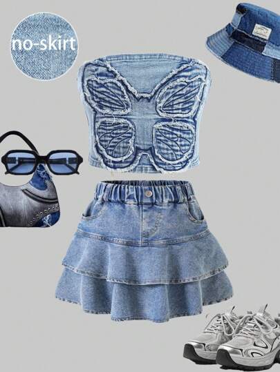 SHEIN Girlism Tween Girls Fall Y2K Light Stonewashed Cute Butterfly Embroidered Denim Crop Tops,Suitable For Daily Travel, Outdoor, Home, Brunch, Tea Party, Commute, Airport Wear,Girls Autumn Fall Clothes Outfits,Tween Girl Back To School Homecoming Kawaii Clothes