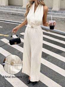 SHEIN Frenchy Women's Fashion Holiday Casual Romantic Halter Backless Jumpsuit Summer - Apricot - View 3