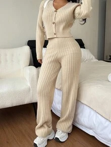 Sparklyn Ribbed V-Neck Fitted Cropped Top & Straight Leg Casual Pants Knit Suit Set Two Pieces Set Knit Set Co Ord Sets Ribbed Sweater Set Women Pants Set Two Pieces Set Women Pants Set Ribbed Knit Set Women Two Pieces Pants Set Knit Two Pieces Set Ribbed Two Pieces Set Two Piece Set Girl Co Ord Sets Teen Pants Suit Fall Winter Sweater For Girls Kids Two Piece Sets Girls Knit Pants Girls Knit Sweater Girl Knit Set