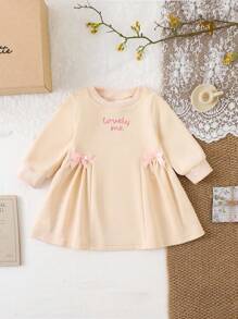 SHEIN 婴儿/女宝宝时尚荷叶边领长袖连衣裙，可爱百搭 - 杏色 - 查看 8