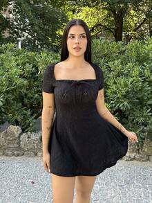 Lucia Bellido 1 bucată rochie mini Y2K, cu mânecă scurtă, cu gât pătrat, albă, primăvară/vară - Negru - Vizualizare 1
