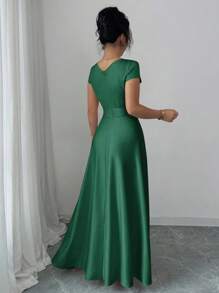 Elenzga V领收腰优雅浪漫女士连衣裙，短袖 - 墨綠色 - 查看 2