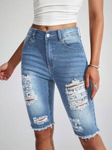 EMERY ROSE Casual Washed Distressed Slim Fit Denim Shorts - Light Wash - View 3