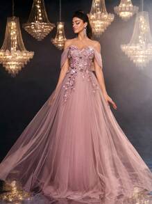 Glamrae 优雅奢华刺绣蕾丝亮片露肩泡泡袖长裙，适合婚礼、活动、派对、度假、庆典、正式场合（重度装饰） - 藕粉色 - 查看 4