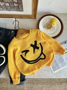 SHEIN 儿童男童休闲日常百搭舒适圆领套头针织毛衣，适合上学、花园、海滩、生日、春季、夏季、秋季、冬季 - 黃色 - 查看 3