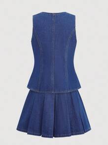 Firerie Kids Firerie Kids Tween Girls Elegant 2 Pcs Casual Minimalist French Metal Big Button Sleeveless Women's Thin Denim Blazer And Hight Waist Pleated Denim Short Skirt,Luxury Style Decorated Button Cardigan Vest + Pleated Mini Skirt 2 Pieces Suit Set,For Party Y2K Two Pieces Outfit,Office Outfits,Kids Fall Back To School Homecoming Two Pieces Outfits,Tween Girls Dark Wash Denim Camisole Skirt Set With Pleated Design,Everyday Casual Sleeveless Denim Two-Piece Outfit For Tween Girls - Dark Wash - View 2