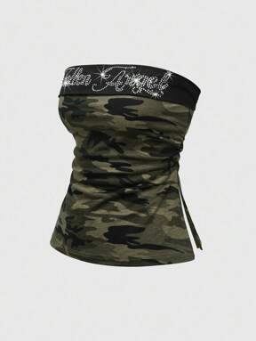 J-Fashion Women's Y2K Retro Baddie Camouflage Color-Block Letter Rhinestone Decor Tube Top, Sexy
