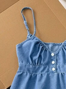 Comfortcana Women's Summer Button Design Ruffle Hem Denim Camisole,Back To School,Cute Tops,Going Out Tops Women,Off The Shoulder Top,Y2k Tops,Streetwear Tops,Casual Tops For Woman,Brunch Outfits For Women,Funny Shirts,Cute Tops Women,Going Out Top,Kawaii Top