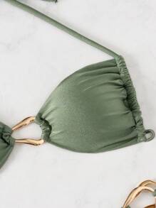 Swim Vcay 春假女士海滩装，露背吊带时尚配饰性感镂空度假泳衣套装 - 軍綠色 - 查看 4