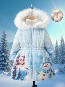 SHEIN Elladie kids 年轻女孩秋冬新款时尚可爱卡通公主加厚毛领连帽收腰中长款外套 - 藍色 - 查看 3