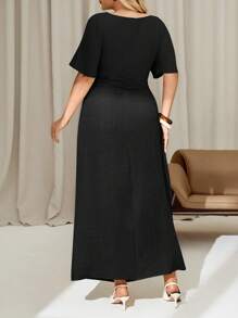 Auralis Vestido de lino de color sólido para verano de talla grande para damas, vestido largo de manga corta, vestido de verano para damas, vestidos para vacaciones de verano, vestidos casuales para mujer, vestidos modestos para mujeres - Negro - Ver 2