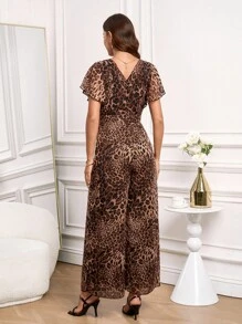 Ellevyn 女式豹纹性感长款连体衣，优雅雪纺豹纹透明连体裤 - 咖啡棕 - 查看 8