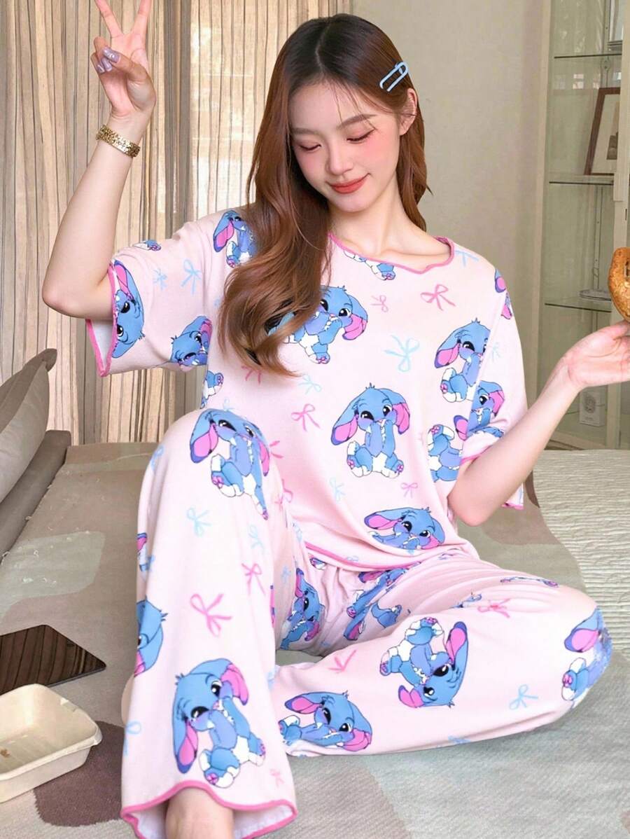 Teen Girls Pajamas Set, Minimalist Pink Base With Rabbit & Bow Print, Contrast Trim Short Sleeve Top And Long Pants, Casual Loungewear, Back To School Fashion Cute Pajama Set - Pink - View 1