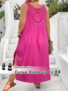 SHEIN CURVE+ Robe longue noire en coton lavé avec dos en dentelle, style bohème pour les vacances, grande taille