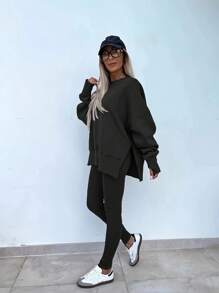 INAWLY Setelan Kasual 2 Potong Wanita Warna Polos, Kerah Bulat, Lengan Panjang, Belahan Samping di Bagian Bawah, Atasan Sweatshirt dan Celana Panjang, Musim Semi/Gugur - Hitam - View 7