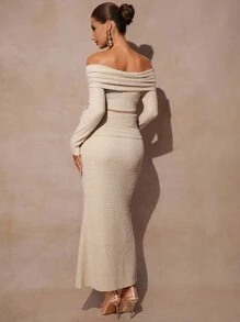 MaterniChic 2pcs Maternity Elegant Solid Color Off-Shoulder Cropped Top And Skirt Set  Fall Clothes  Maternity  Baby Shower  Off The Shoulder - Khaki - View 2