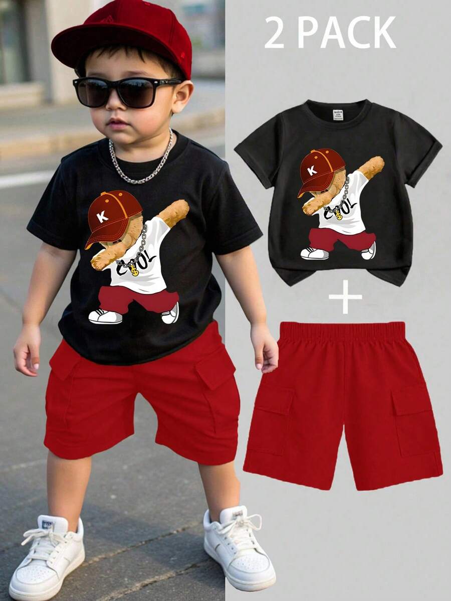 SHEIN Playful Pals Bộ đồ 2 món cho bé trai gồm áo thun ngắn tay in hình gấu hoạt hình và quần short túi hộp, thích hợp cho các hoạt động ngoài trời mùa hè. Bộ quần áo hè cho bé trai, 2 món. - Nhiều màu - Xem 1