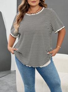 SHEIN CURVE+ 大码休闲学院风条纹T恤，秋季/假日女装，秋冬款，CURVE PLUS - 黑與白 - 查看 5