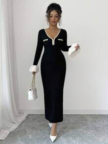 SHEIN Elenzya Women's V-Neck Ruffle Knit Bodycon Sweater Dress Fall Winter Cloth For Women - Black - View 4