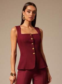 Silquee 优雅纯色西装马甲通勤夏季勃艮第上衣酒红色上衣金属扣装饰红色背心女西装马甲 - 酒紅色 - 查看 3