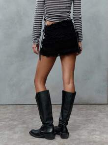 TypaGal Layered With Delicate Ruffles, This Mini Skirt Brings Texture And Volume In Black Lace. A Playful Nod To Gothic And Grunge Y2K Fashion. - Black - View 2