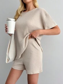 EURMUSE Petite Size Women Frenchy Crochet Ribbed Two Pieces Outfits Set - Apricot - View 5