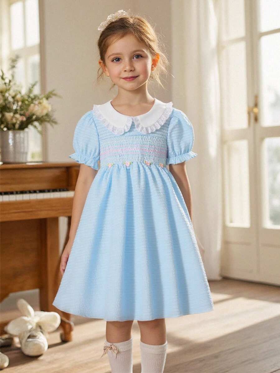 Souflis Souflis 女孩休闲舒适可爱纹理格子泡泡袖花朵荷叶边领落肩连衣裙