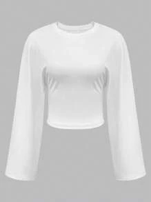 INAWLY Damska, swobodna, jednokolorowa, krótka koszulka z długim rękawem - Biały - Zobacz 4