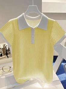 Franclia 时尚简约针织蓝罗纹撞色白色 Polo 领，白色袖口短袖 T 恤，适合女性穿着，春夏奶油黄色系大学风服装。 - 黃色 - 查看 1