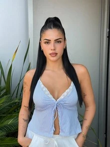 Lucia Bellido Romantic Vacation Sexy Racerback Blue Striped Lace-Up Camisole For Women - Blue - View 1