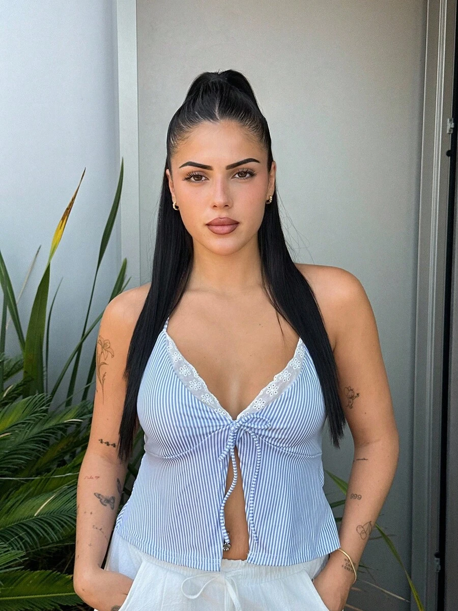 Lucia Bellido Romantic Vacation Sexy Racerback Blue Striped Lace-Up Camisole For Women - Blue - View 1