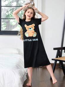 SHEIN 卡通熊印花長款睡袍 女孩睡袍 青少年女孩睡袍 小女孩睡袍 女孩睡裙 熊圖案睡衣裙 - 黑色 - 查看 1