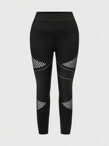ROMWE Grunge Punk Plus Size Retro Punk PU Patchwork Sexy Sheer Mesh Patchwork Leggings - Black - View 1