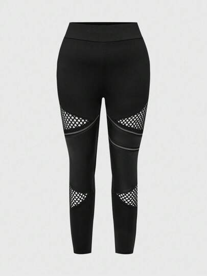 Grunge Punk Plus Size Retro Punk PU Patchwork Sexy Sheer Mesh Patchwork Leggings