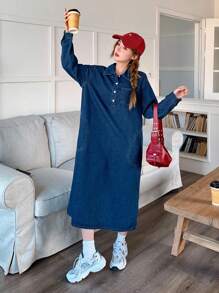 少女秋季休闲宽松长袖蓝色宽松柔软可爱牛仔衬衫裙，毕业典礼 - 深色水洗藍 - 查看 2