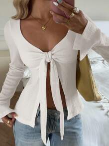 SHEIN EZwear 1 件休闲纯色系带袖口喇叭袖开衩下摆 T 恤 - 白色 - 查看 1