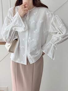 FRIFUL Women's Solid Beige Round Neck Drop Shoulder Long Sleeve Drawstring Cuff Cotton Embroidered Loose Casual Blouse, Suitable For Autumn - Beige - View 7