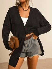 SHEIN LUNE Plus Solid Button Front Cardigan In Fall/Winter - Black - View 1