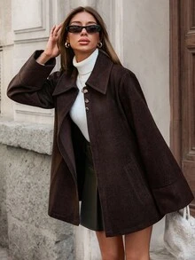 EURMUSE 女士，秋季，常规长度，口袋，按扣，天鹅绒外观，休闲，日常穿着 - 棕色 - 查看 3