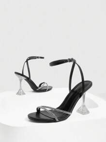 CUCCOO SZL Women's Silver Metallic Bowknot Fashionable Sexy Ankle Strap Round Toe Glass Heel High Heel Sandals - Black - View 7
