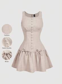 SHEIN MOD 无袖迷你连衣裙，饰有纽扣和蝴蝶结，畅销连衣裙，休闲连衣裙，秋季派对和夜店装，夏季连衣裙，下午茶连衣裙，可爱连衣裙，返校节连衣裙，复古风格，毕业礼服，束腰连衣裙，中性色连衣裙 - 卡其色 - 查看 1