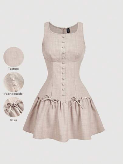 SHEIN MOD Sleeveless Mini Dress For Women With Button & Bow Decor, Best Selling Dresses Casual Dresses For Woman, Party & Club Wear, Tea Party Dress, Cute Dress, Homecoming Dress, Old Money Style, Graduation Dress, Spring/Summer Outfits, Wedding Guest Dress, Prom Dress, Birthday Dress, Elegant Dress ,Terrace Chill, Holidays