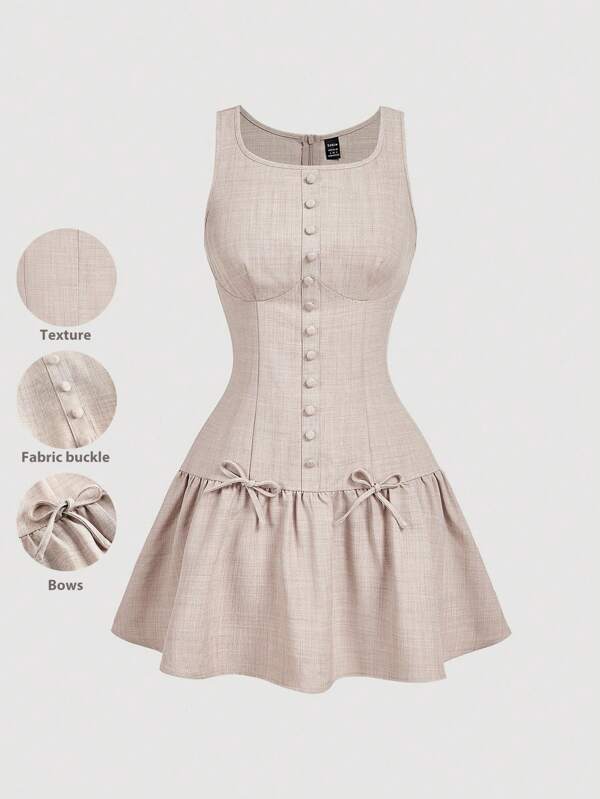SHEIN MOD Sleeveless Mini Dress For Women With Button & Bow Decor, Best Selling Dresses Casual Dresses For Woman, Party & Club Wear, Tea Party Dress, Cute Dress, Homecoming Dress, Old Money Style, Graduation Dress, Spring/Summer Outfits, Wedding Guest Dress, Prom Dress, Birthday Dress, Elegant Dress ,Terrace Chill, Holidays